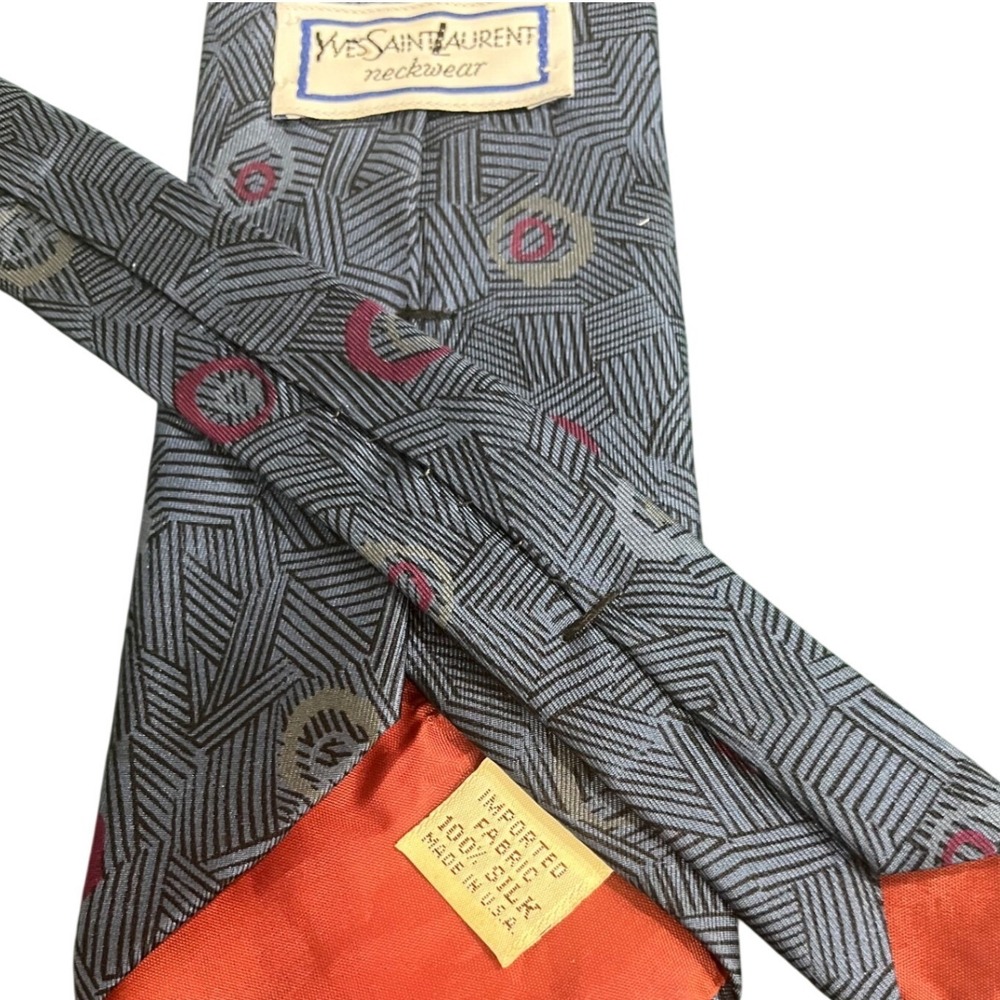 Yves Saint Laurent Mens Grey Geometric Abstract Silk Tie Made in USA YSL Necktie - Picture 4 of 6